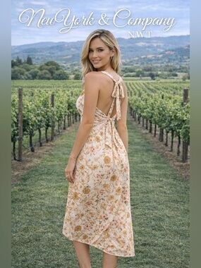 NWT New York & Company White Midi Dress with Gold Scroll and Pink Floral